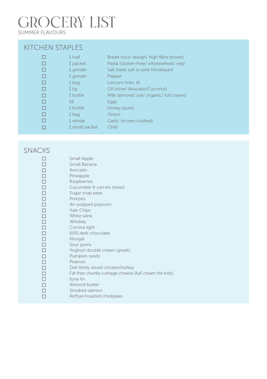 Summer Flavours Grocery List Free Printable