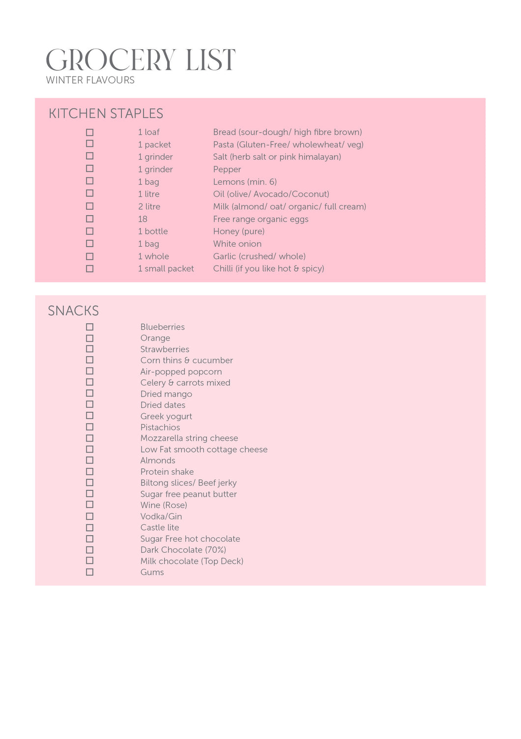 Winter Flavours Grocery List Free Printable